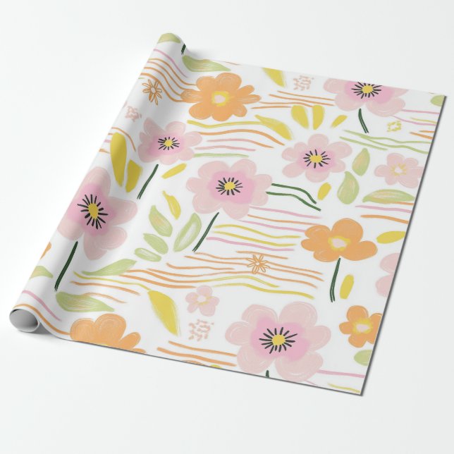 Pastel Retro Floral (7) Wrapping Paper (Unrolled)