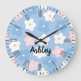 Pastel Retro Flowers on Blue Large Clock