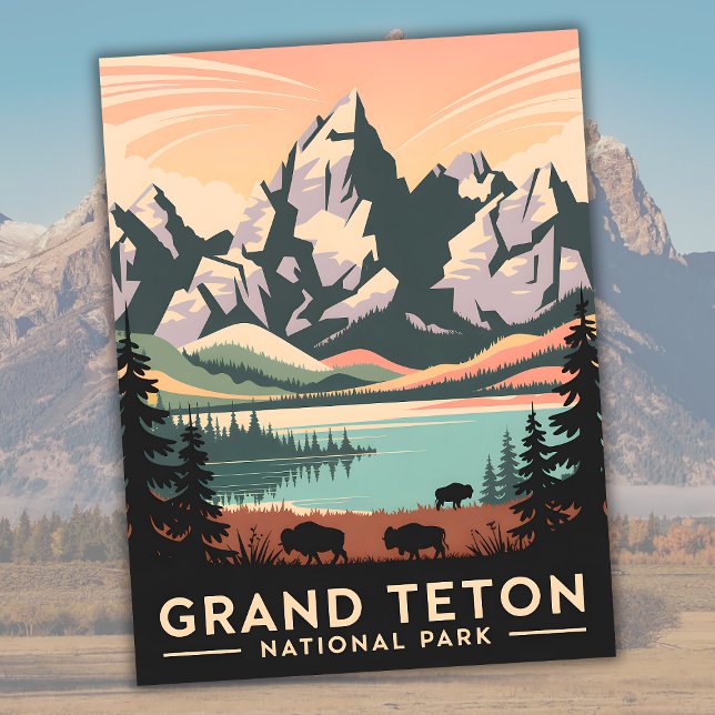 Pastel Retro Grand Teton National Park with Bison Postcard (Pastel Retro Grand Teton National Park with Bison Postcard)
