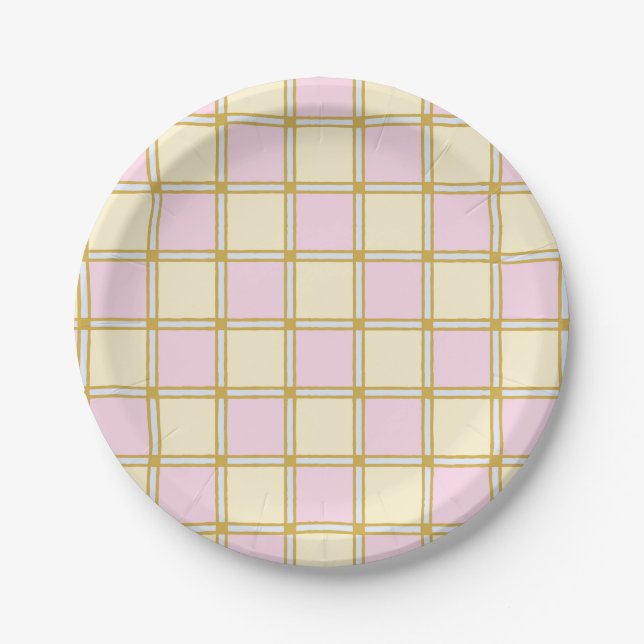 Pastel Retro Pink, Blue and Yellow Checkers Paper Plate (Front)