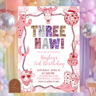 Pastel Retro Sequins Cowgirl 3rd Birthday party Invitation