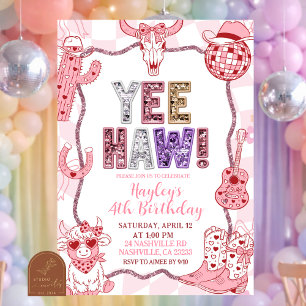 Pastel Retro Sequins Yeehaw Cowgirl Birthday party Invitation