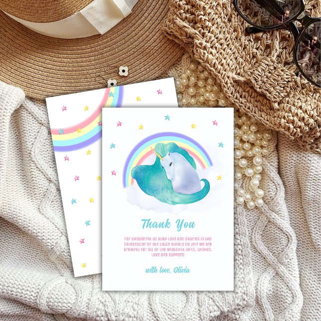 Pastel Retro Star Unicorn Rainbow Baby Shower  Thank You Card (Pastel Retro Star Unicorn Rainbow Baby Shower Thank You Card)