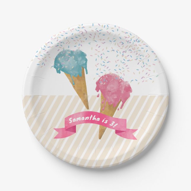 Pastel Retro Watercolor Ice Cream & Sprinkles  Paper Plate (Front)
