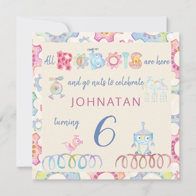Pastel robots birthday kids party invitation (Front)