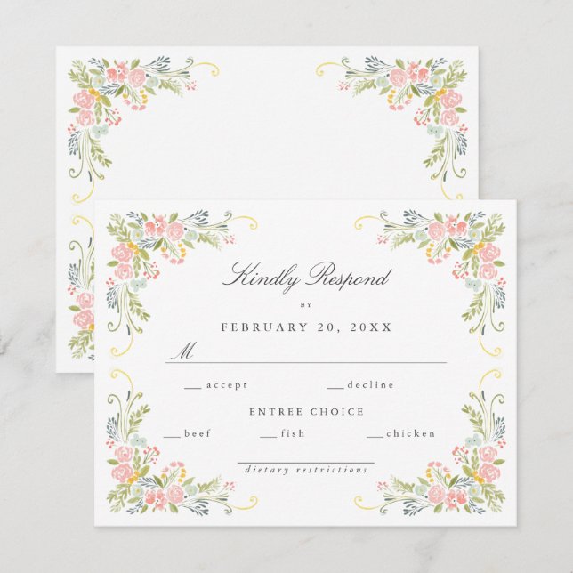 Pastel Rococo Garden Ornate Floral Wedding RSVP Card (Front/Back)