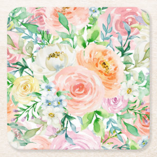 Pastel romantic garden square paper coaster
