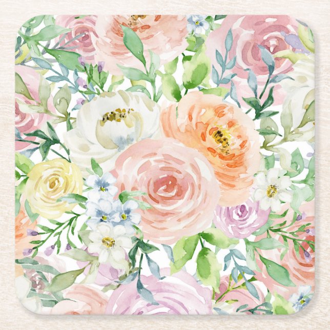 Pastel romantic garden square paper coaster (Front)