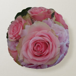 Pastel Rose and Hydrangea Flowers Round Pillow