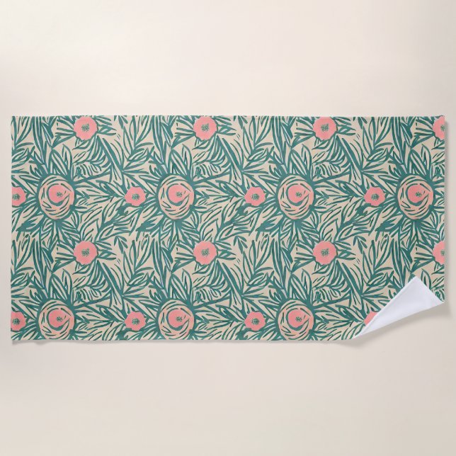 Pastel Rose & Botanical Greenery Pattern Beach Towel (Front)