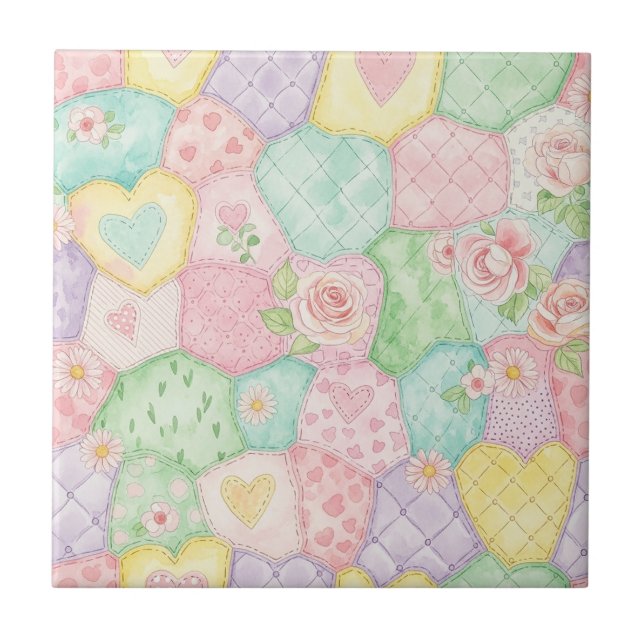 Pastel Rose Garden Pattern Ceramic Tile (Front)