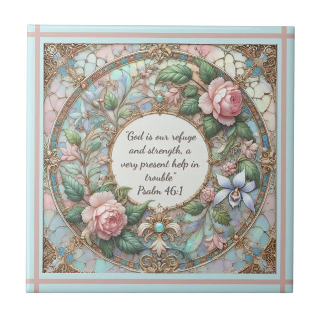 Pastel Rose Garden  Rose Lined Frame Lt Blue Back Ceramic Tile (Front)