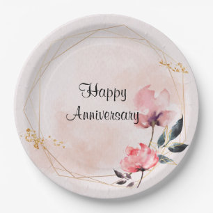 Pastel Rose Happy Anniversary Paper Plate