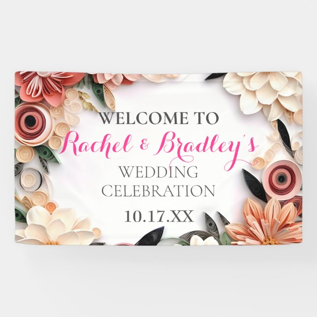 Pastel Rose Wedding Greenery Paper Quilling Floral Banner (Horizontal)