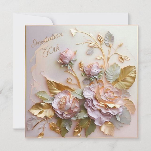 Pastel Rosegold Sculptured Roses  50th Save The Date (Front)