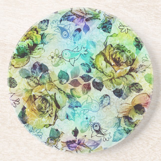 Pastel Roses & Birds Design Coaster (Front)