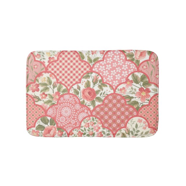 Pastel Roses Floral Patchwork Pattern Bath Mat (Front)