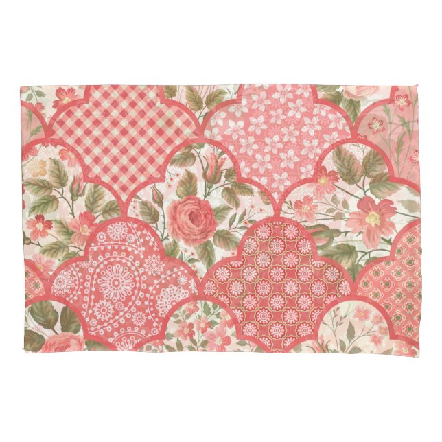Pastel Roses Floral Patchwork Pattern Pillowcase (Front)