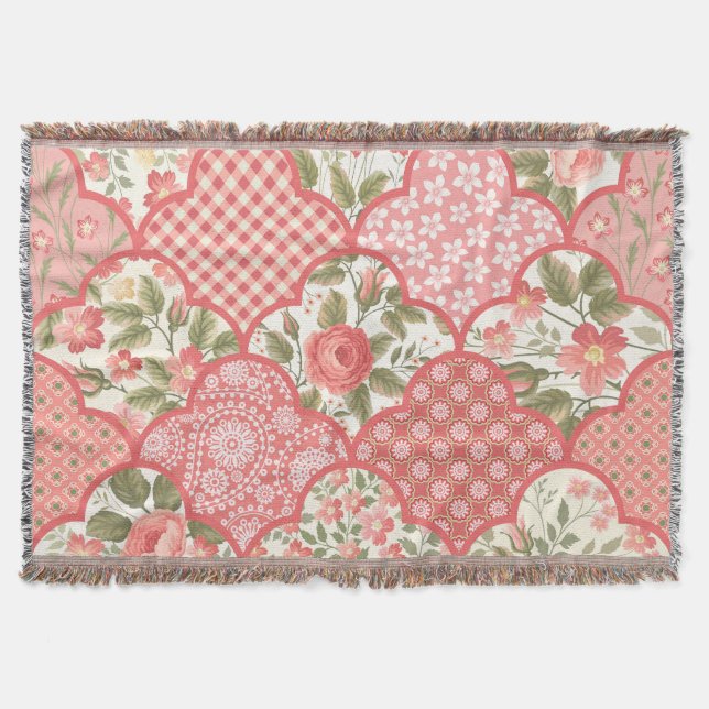 Pastel Roses Floral Patchwork Pattern Throw Blanket (Front)