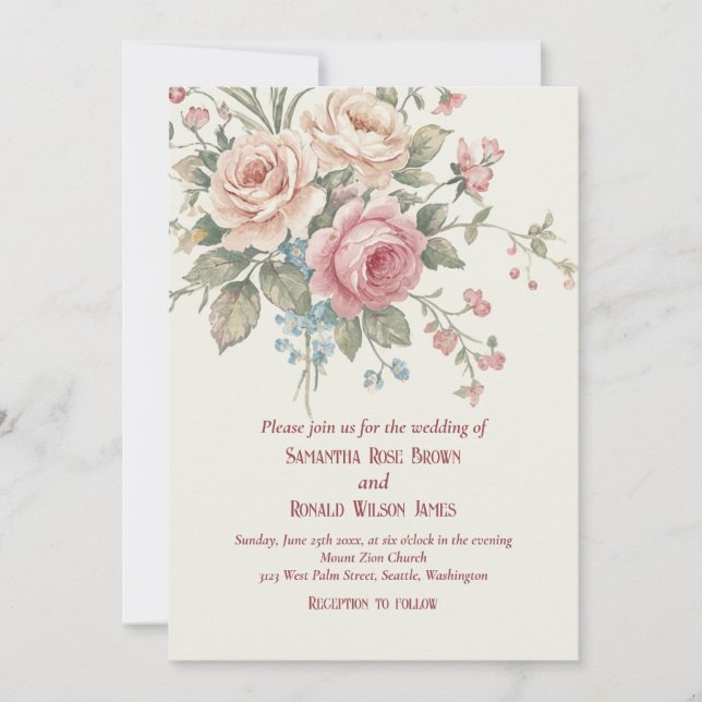 Pastel Roses Shabby Chic Wedding  Invitation (Front)