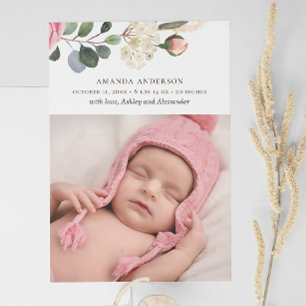 Pastel roses. Watercolor garden floral birth Announcement