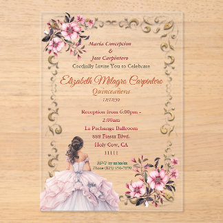 Pastel Rosewater Blush Pink Quinceañera Acrylic Invitations