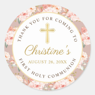 Pastel Rosy Floral Gold Cross First Holy Communion Classic Round Sticker
