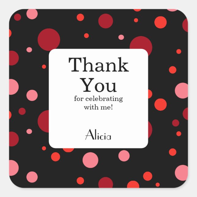 Pastel Ruby Cranberry Polka Dot Black Thank You Square Sticker (Front)