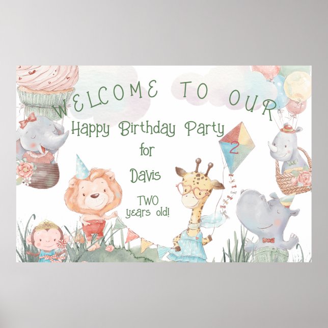 Pastel Safari Animals Personalised Birthday Party  Poster (Front)