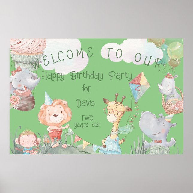 Pastel Safari Animals Personalised Birthday Party  Poster (Front)