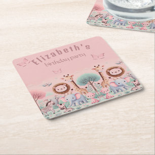 Pastel Safari – Watercolor Jungle Animals Square Paper Coaster