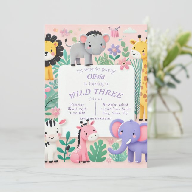 Pastel Safari Wild Birthday Invitation (Standing Front)