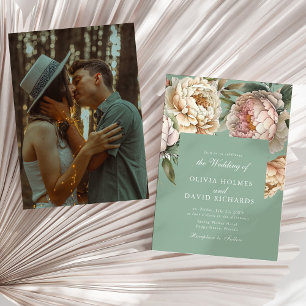 Pastel Sage & Blush Peony Couple Photo Wedding  Invitation