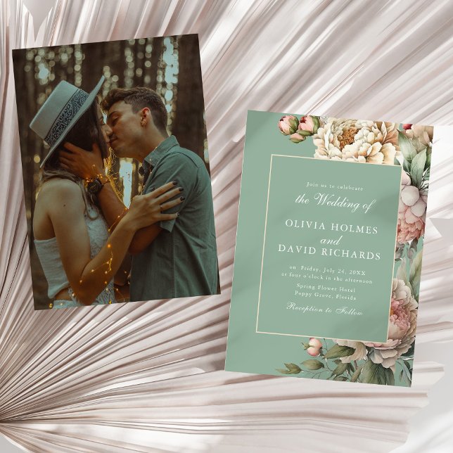 Pastel Sage & Blush Peony Custom Photo Wedding  Invitation (Pastel Sage & Blush Peony Custom Photo Wedding Invitation on a sunny neutral dry palm leaf.)