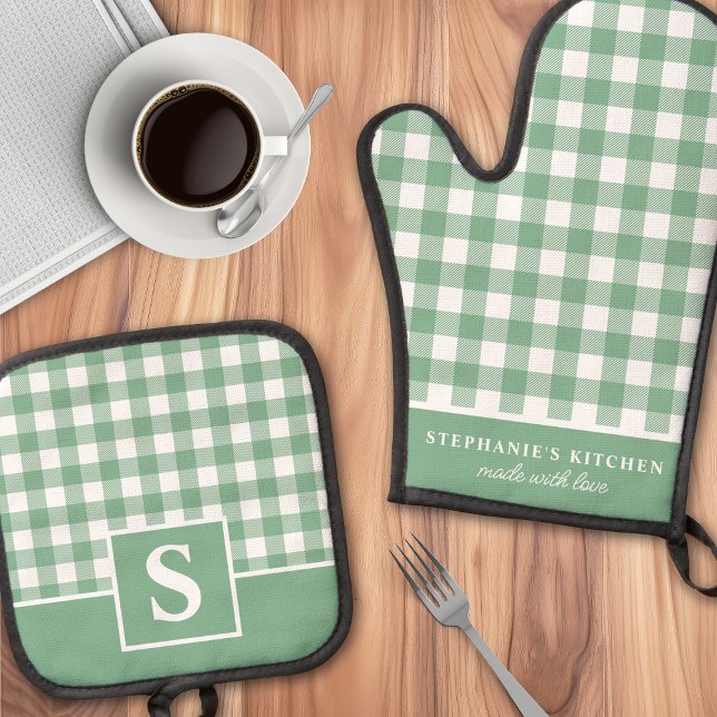 Pastel Sage Gingham Plaid Chequered Monogrammed Oven Mitt & Pot Holder Set (Creator Uploaded)