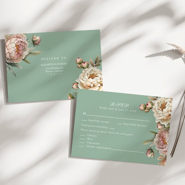 Pastel Sage Green and Blush Pink Peonies RSVP Card (Pastel Sage Green and Blush Pink Peonies RSVP Card on a sunny white table.)
