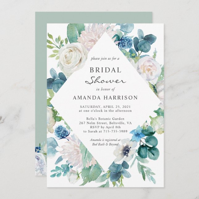 Pastel Sage Green Blue White Floral Bridal Shower Invitation (Front/Back)