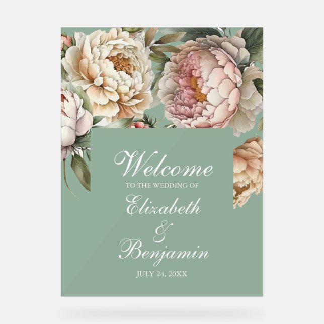 Pastel Sage Green Blush Pink Peony Wedding Welcome Acrylic Sign (Front)