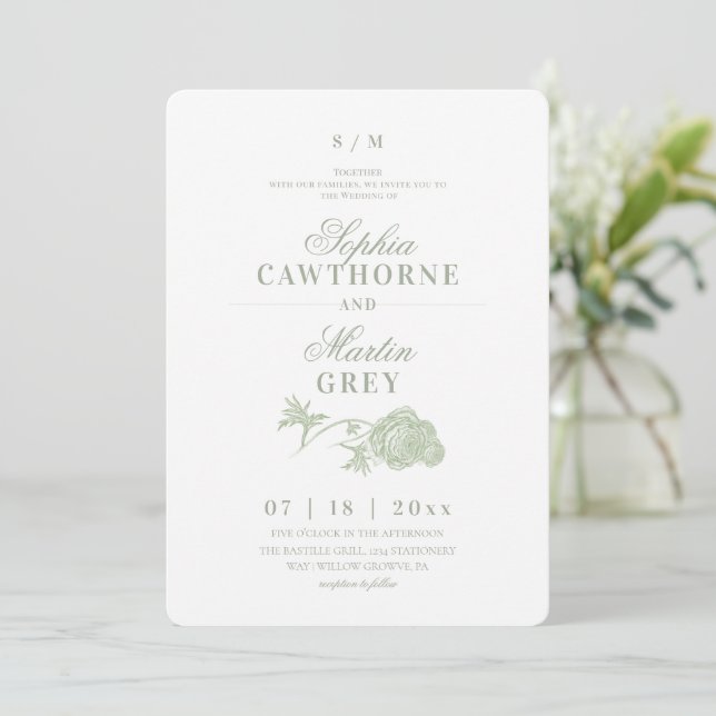 Pastel Sage Green Floral Wedding  Invitation (Standing Front)
