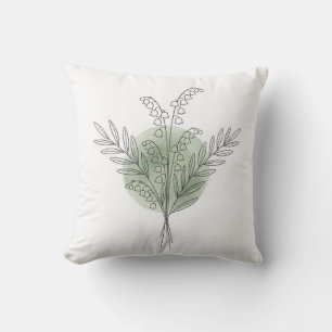 Pastel Sage Green Line Art Lily of the Valley Cushion