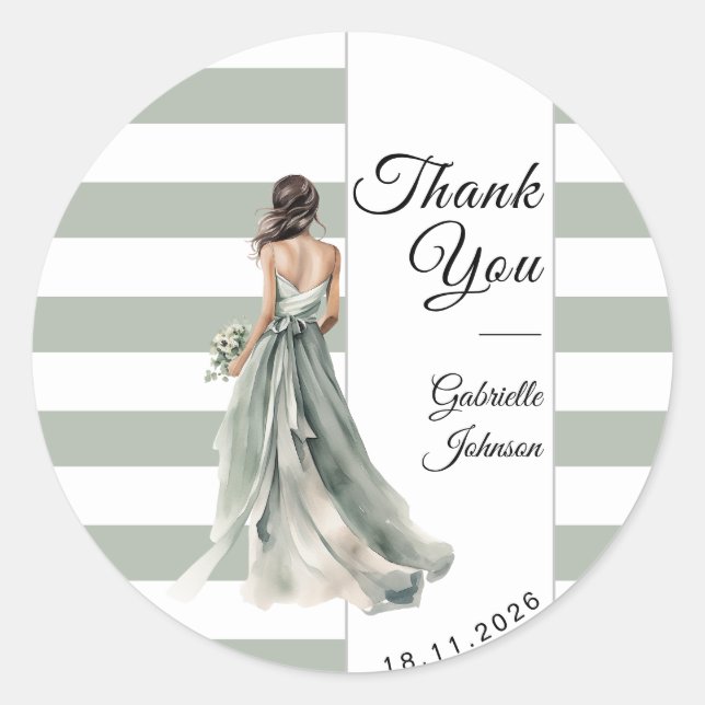 Pastel Sage Green Stripes Bride Bridal Shower  Classic Round Sticker (Front)