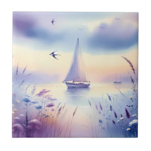 Pastel Sailboat Coastal Dreamscape Ceramic Tile