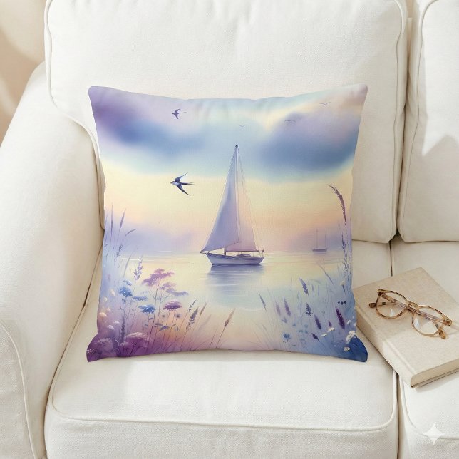 Pastel Sailboat Coastal Dreamscape Cushion (Pastel Sailboat Coastal Dreamscape Throw Pillow Mockup A)