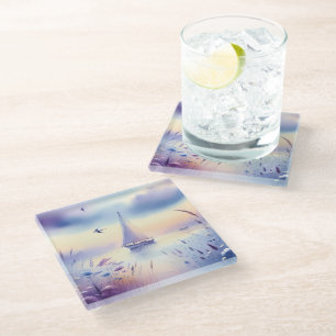 Pastel Sailboat Coastal Dreamscape Glass Coaster