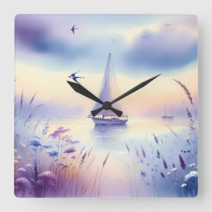 Pastel Sailboat Coastal Dreamscape Square Wall Clock