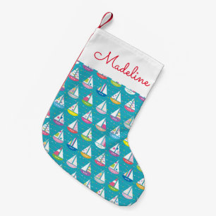 Pastel Sailboat Pattern Add Your Name Small Christmas Stocking
