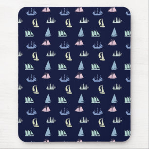 Pastel Sailboat Pattern on Midnight Blue Mouse Pad