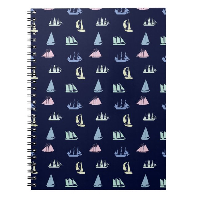 Pastel Sailboat Pattern on Midnight Blue Notebook (Front)