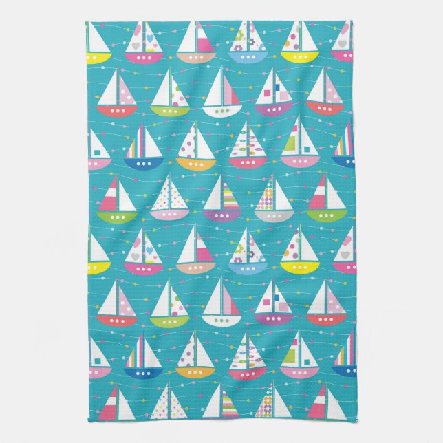 Pastel Sailboat Pattern Tea Towel (Vertical)