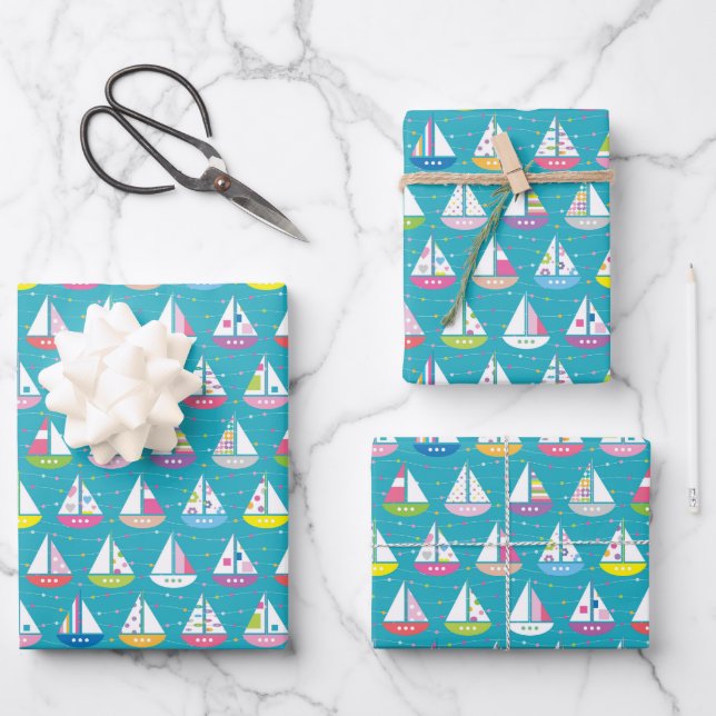 Pastel Sailboat Pattern Wrapping Paper Sheet (Front)
